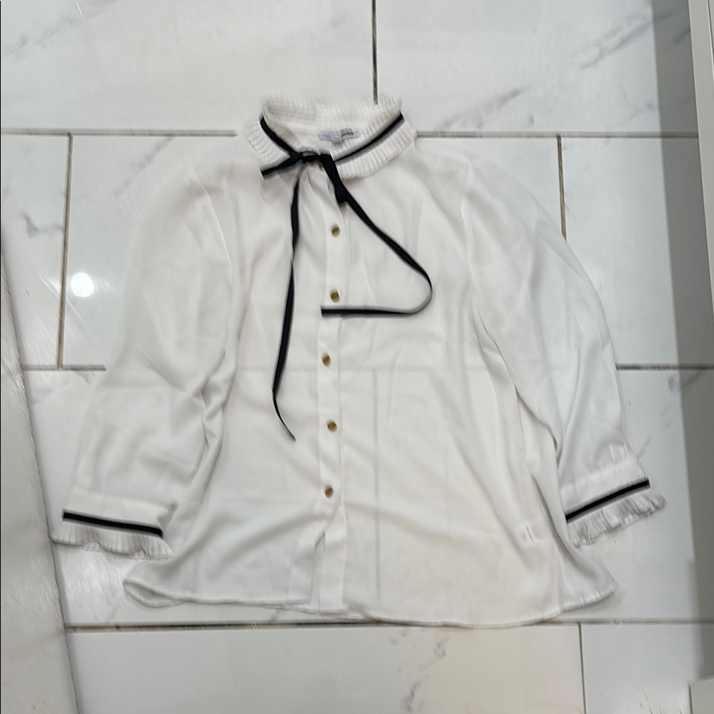 Fashion Nova White Blouse with Black Ribbon